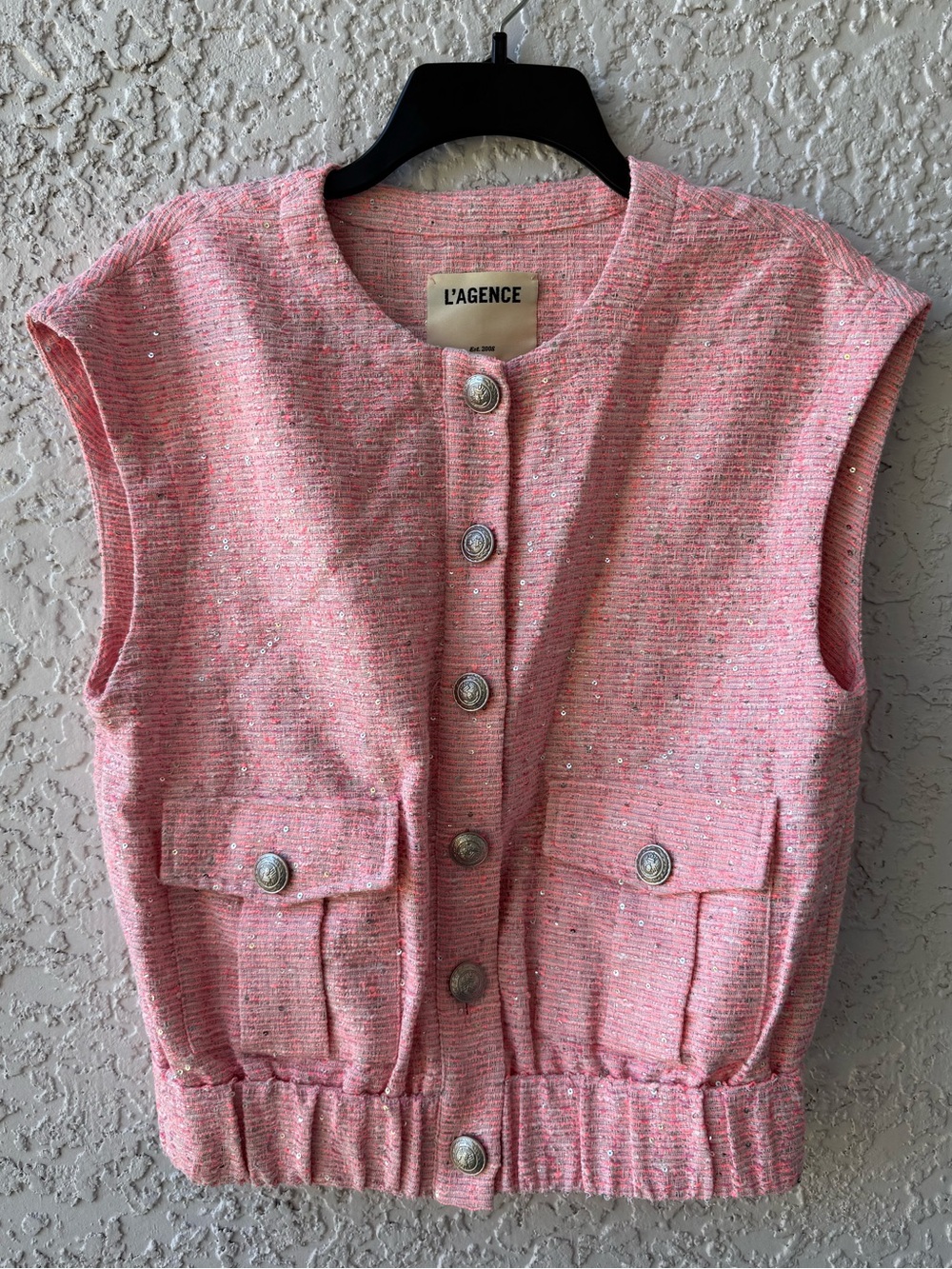 L'AGENCE Uma Speckled Knit Tweed Flap-Pocket Vest size Small